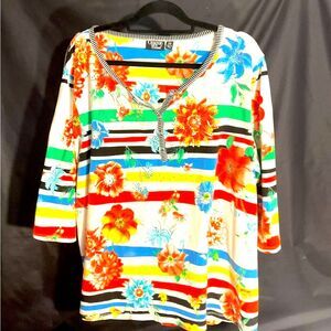 Onque Casuals Orange Pink Graphic Polo Blouse Sz 2XL